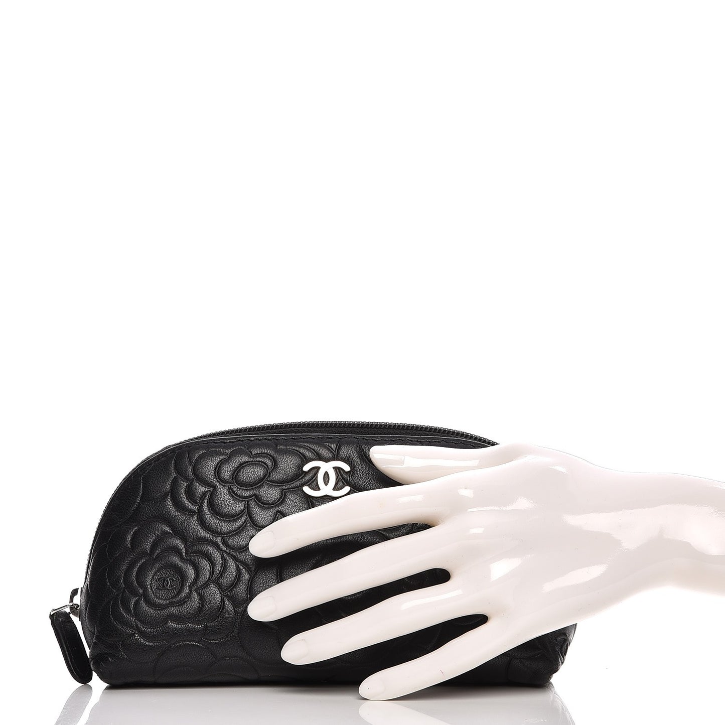 Lambskin Camellia Embossed Cosmetic Case Black