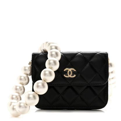 Chanel Calfskin Quilted Maxi Pearls Card Holder Flap With Chain Black 1 of 11