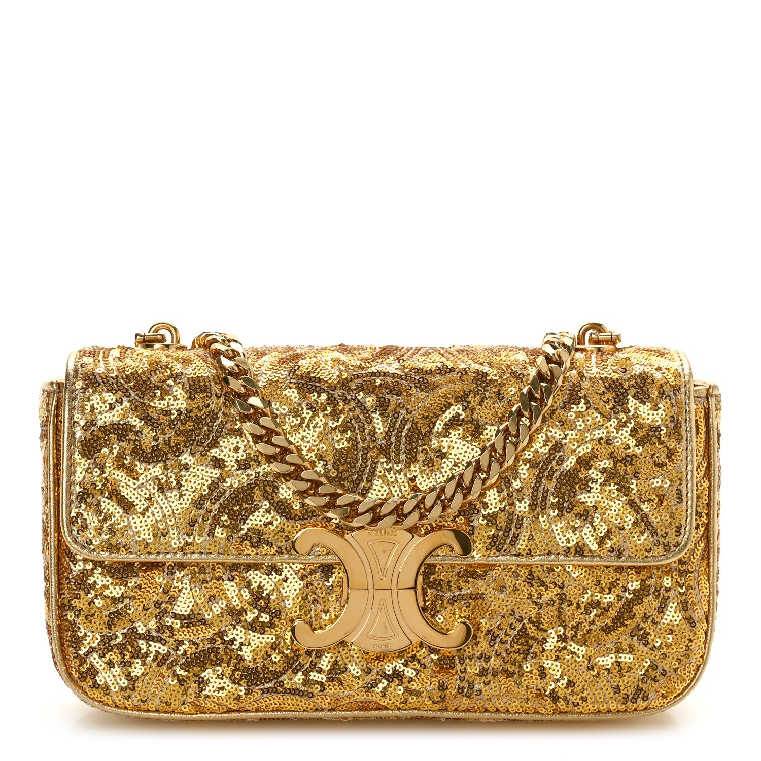 Celine Sequin Triomphe Chain Shoulder Bag Gold 1 of 9