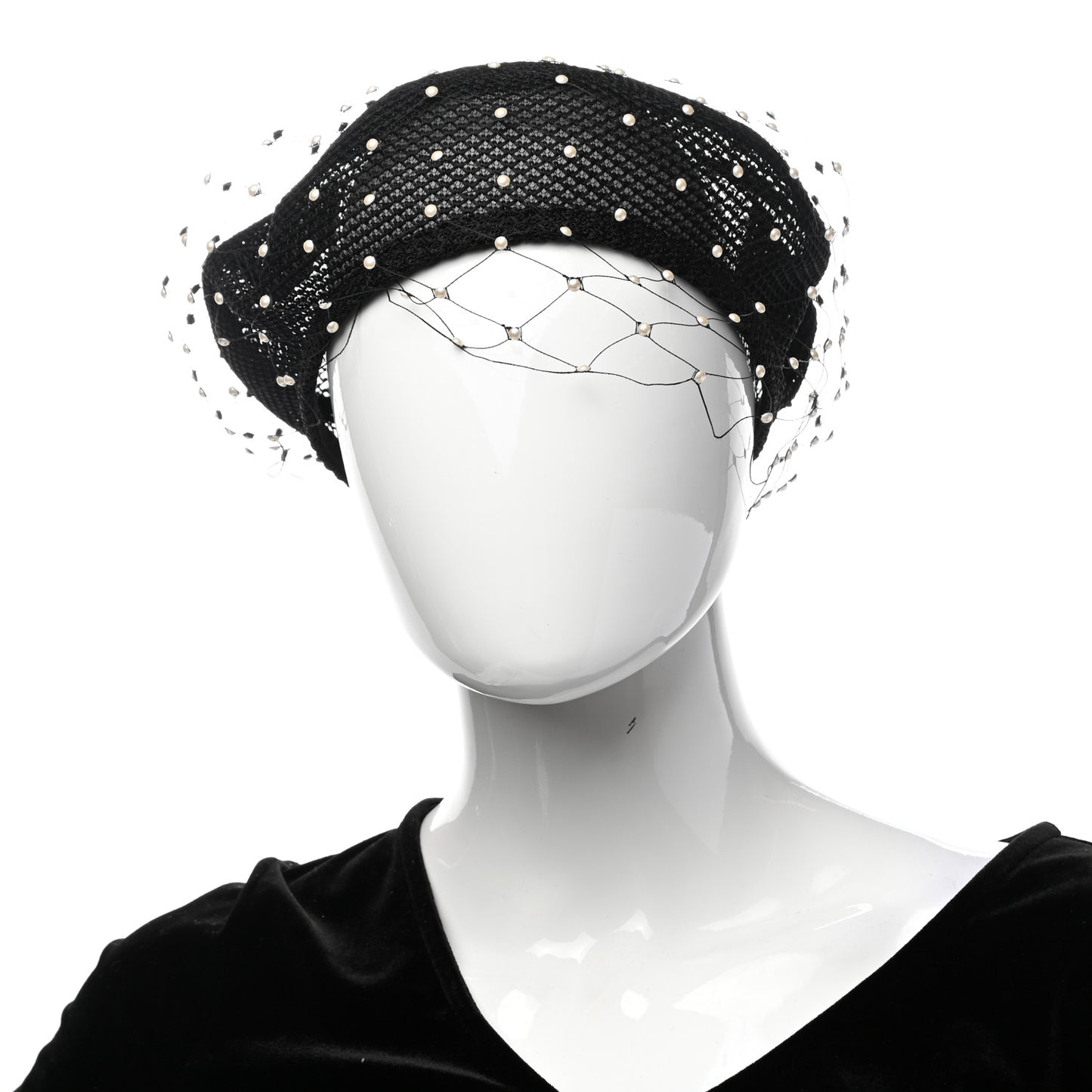 Polyester Nylon Pearl Beret with Veil Black