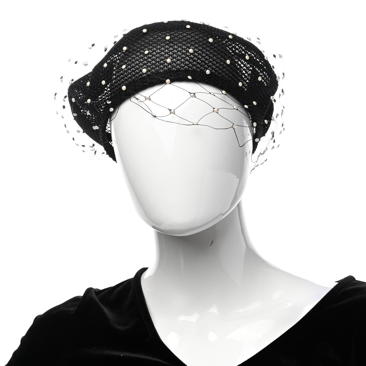 Christian Dior Polyester Nylon Pearl Beret with Veil Black 2 of 8
