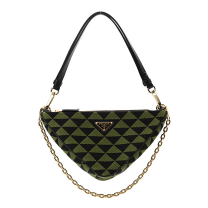 Prada Jacquard Calfskin Triangolo Symbole Embroidered Mini Triangle Double Bag Black Edera 2 of 21