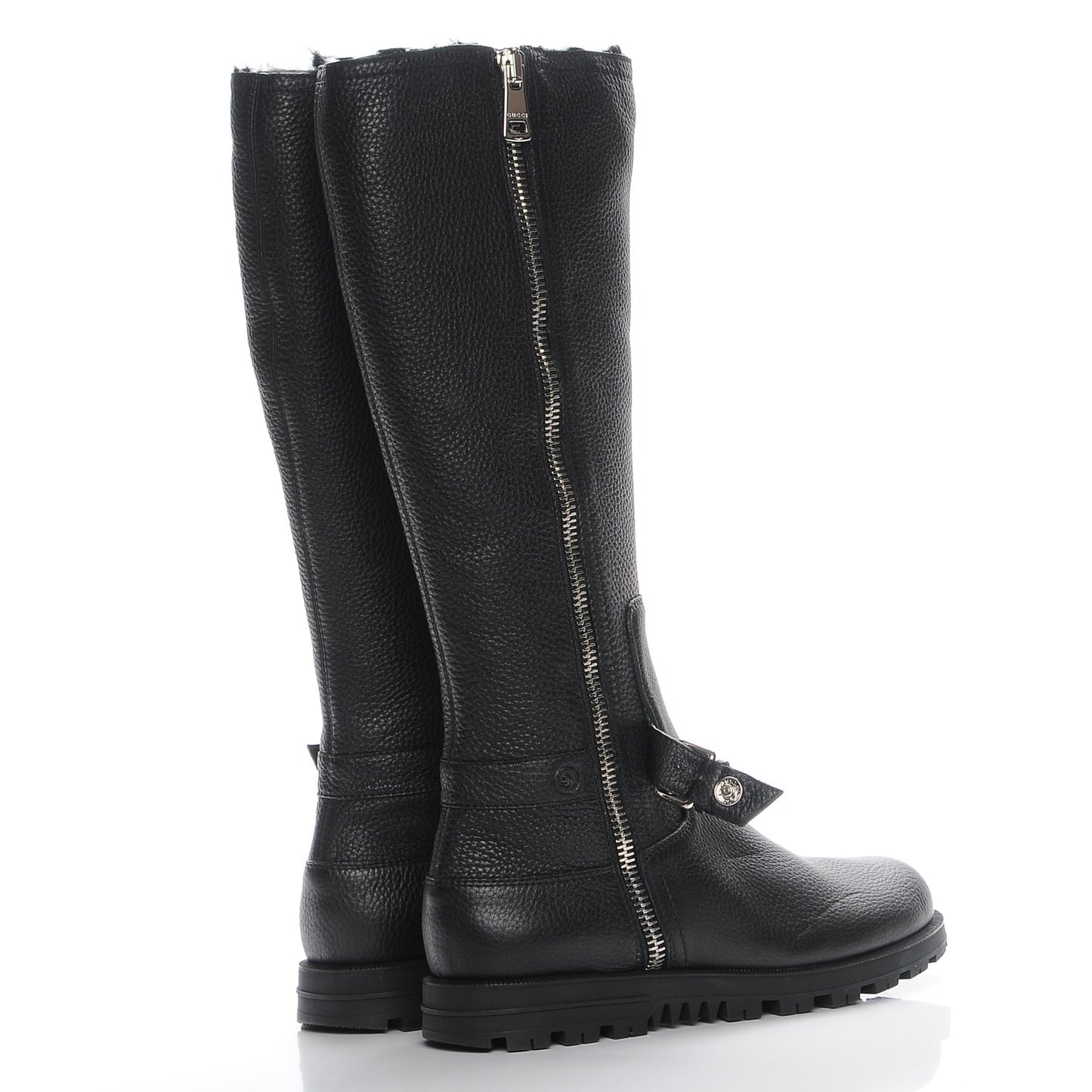 Calfskin Rabbit Fur Knee High Boots Black 39