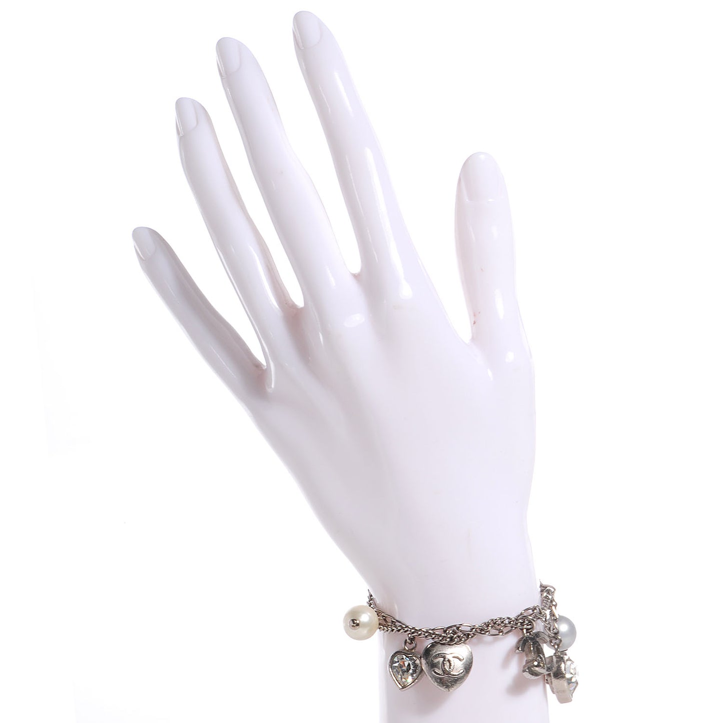 Crystal Pearl Heart CC Charm Bracelet Silver