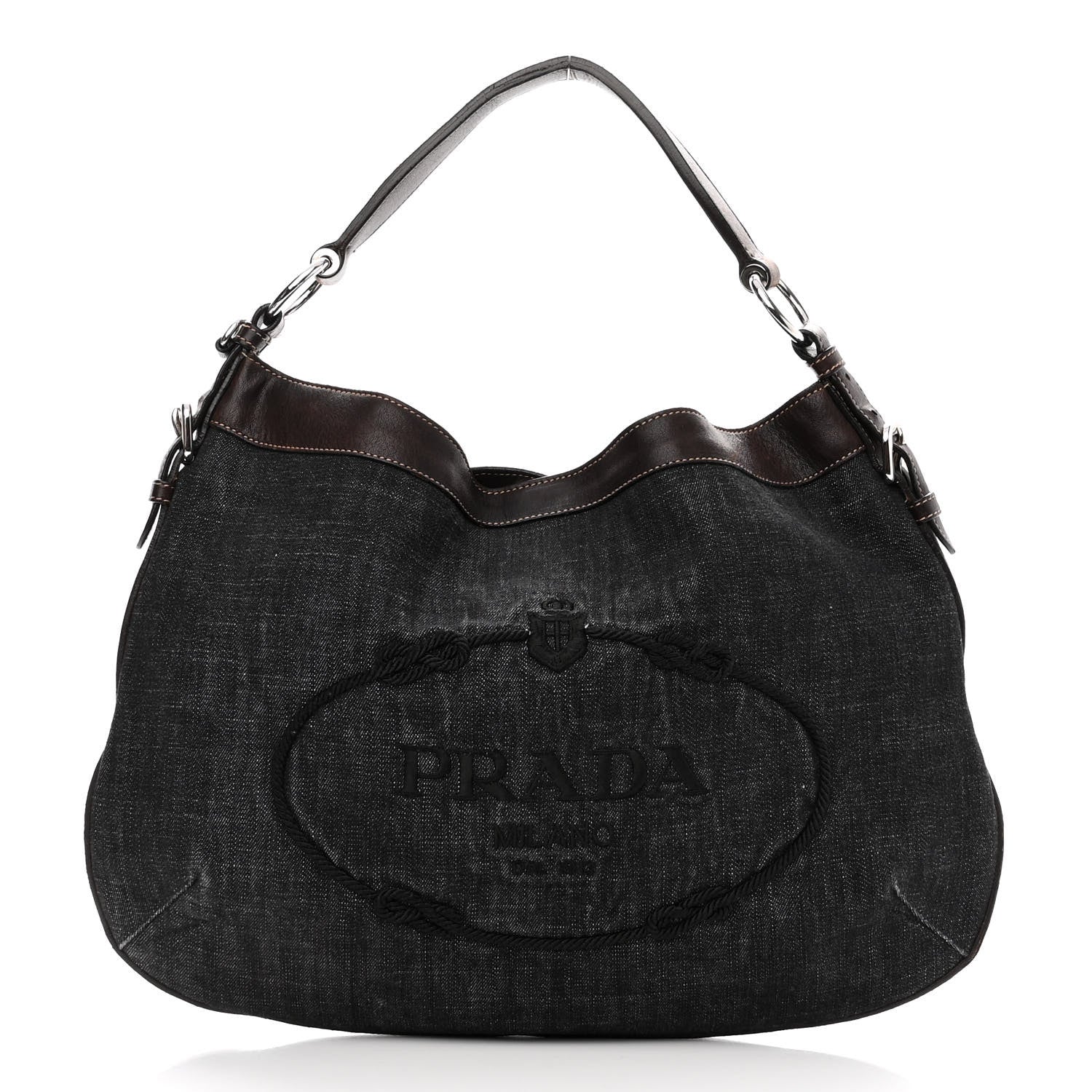 Prada Washed Denim Logo Hobo Black Caffe 1 of 11