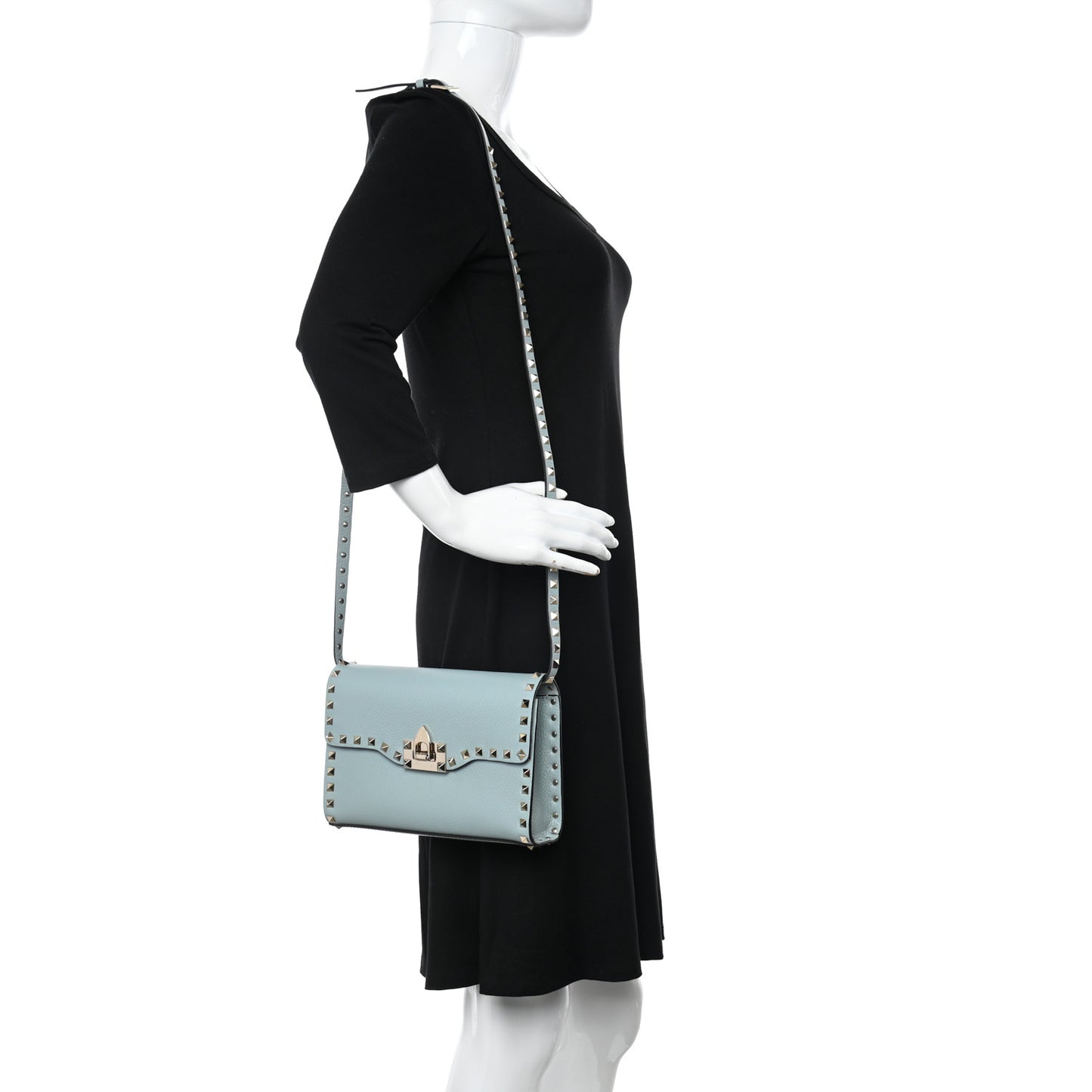 Pebbled Calfskin Medium Rockstud Flip Lock Crossbody Bag Celadon