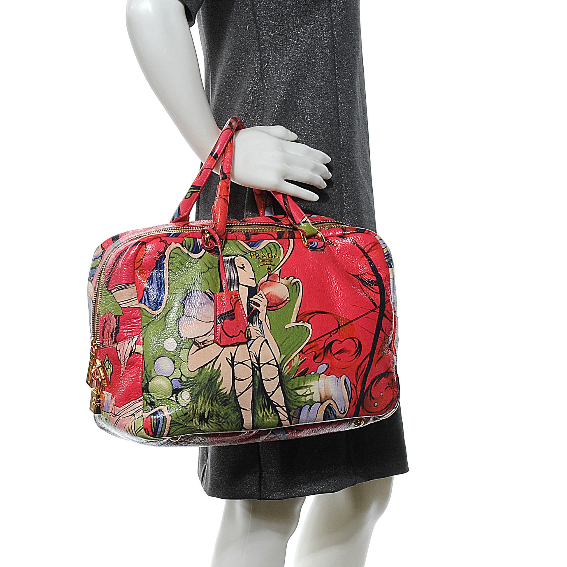 Prada X JAMES JEAN Cervo Lux Fairy Print Medium Boston Bag Peonia 2 of 10