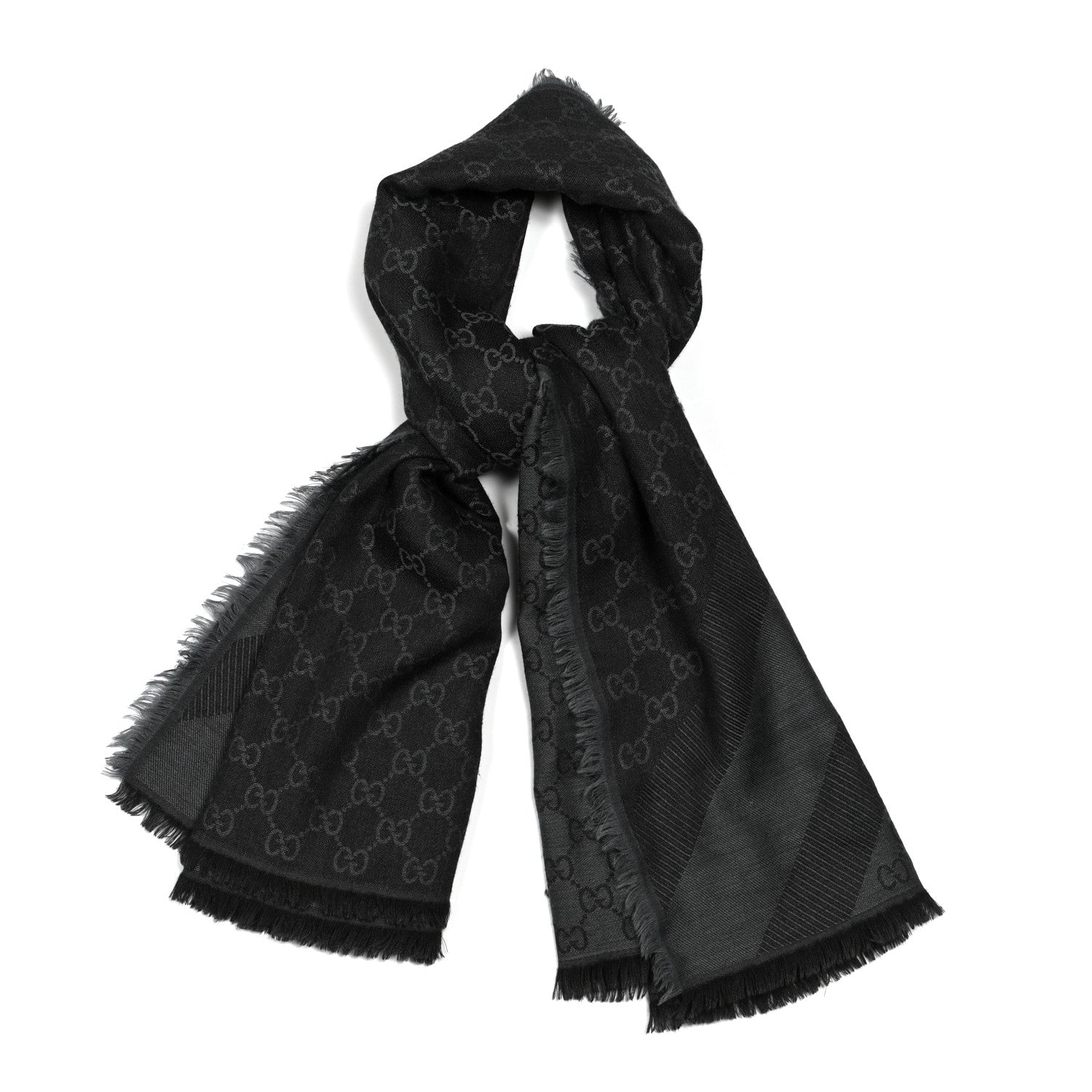 Gucci Wool Silk Monogram GGWeb Fringe Shawl Black Medium Grey 1 of 4