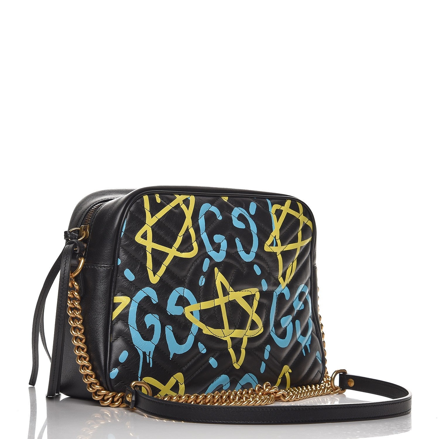 Gucci Calfskin Matelasse GucciGhost Medium GG Marmont Chain Shoulder Bag Black New Acquamarine 3 of 9