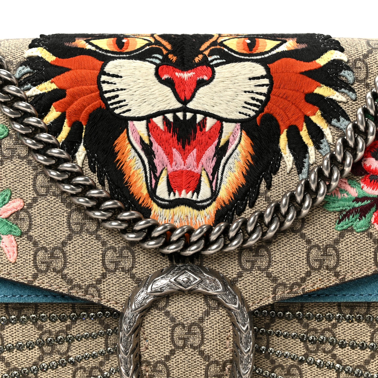 Gucci GG Supreme Monogram Angry Cat Embroidered Medium Dionysus Shoulder Bag Beige Ultramarine 8 of 12
