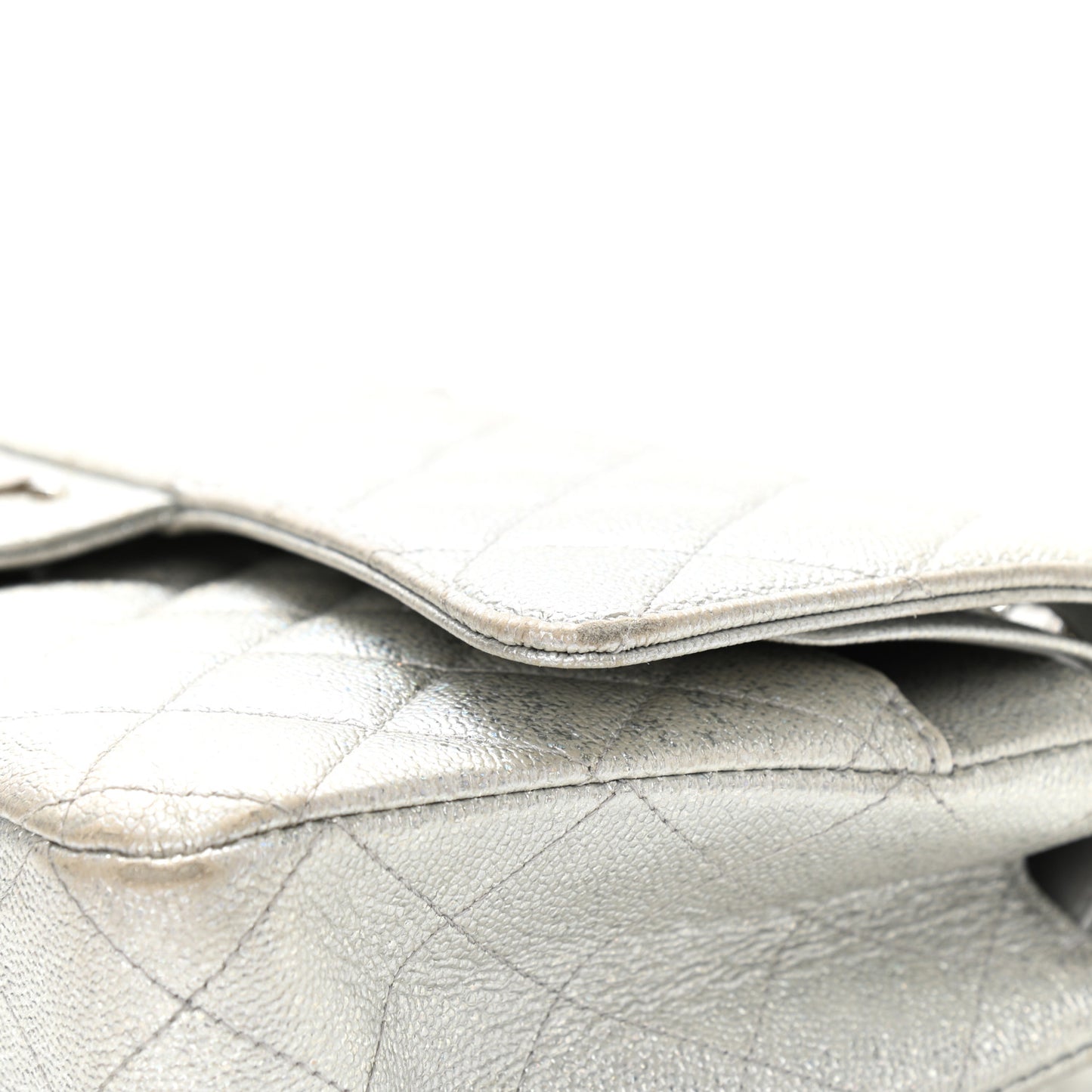 Glittered Metallic Caviar Quilted Medium Double Flap Silver