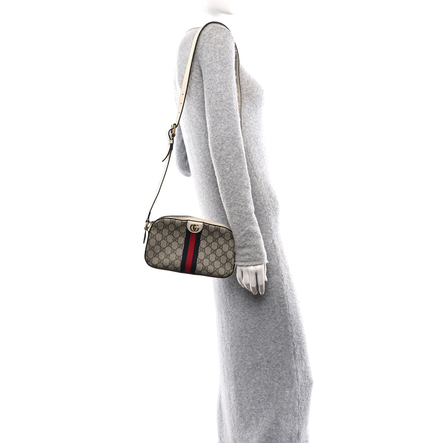 GG Supreme Monogram Textured Calfskin Web Small Ophidia Camera Bag Beige Ebony Mystic White