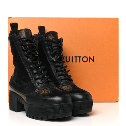 Louis Vuitton Suede Calfskin Monogram Laureate Platform Desert Boots 35 Black 9 of 9