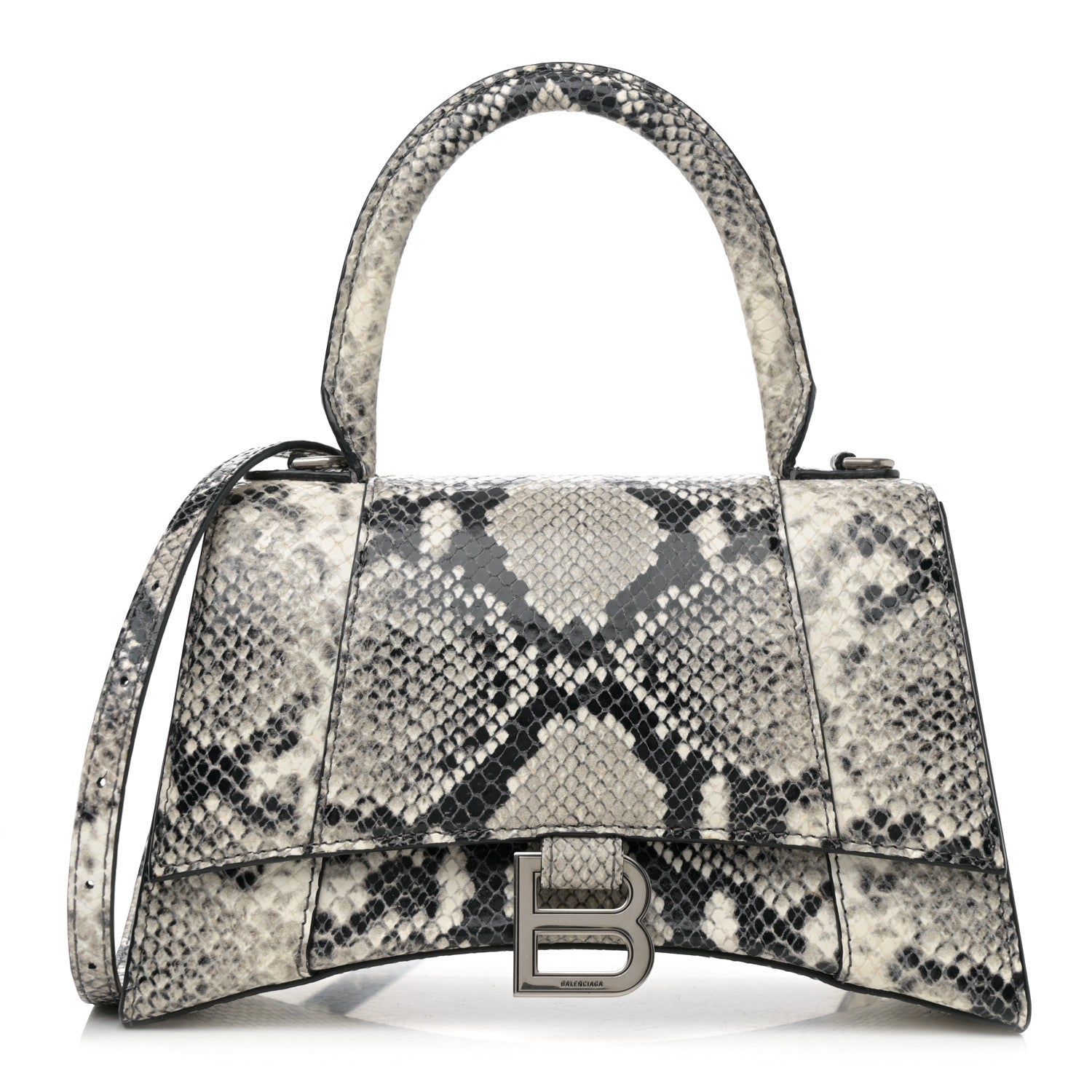 Balenciaga Calfskin Snake Effect Small Hourglass Top Handle Bag Black White 1 of 11