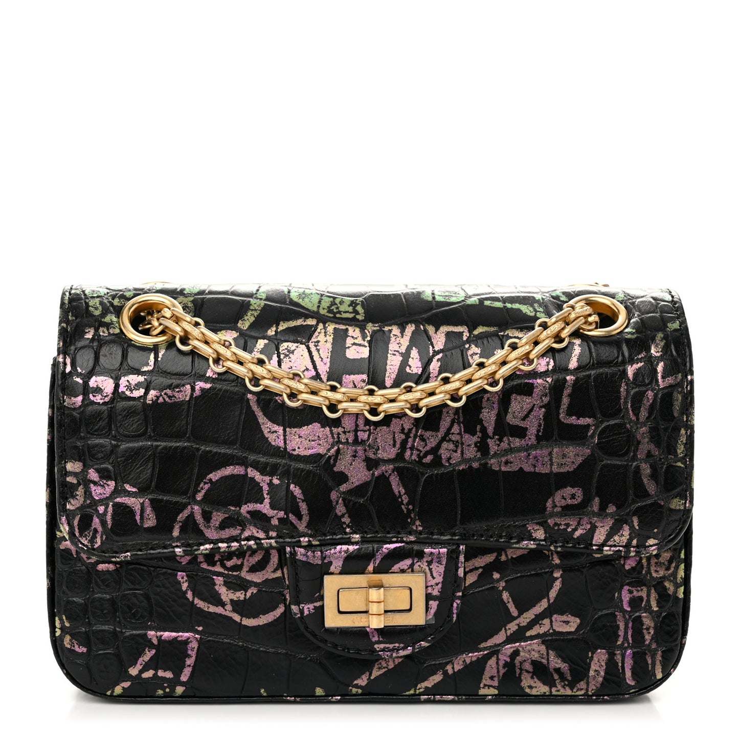 Calfskin Crocodile Embossed Graffiti 2.55 Mini Cocodile Reissue Flap Black Pink