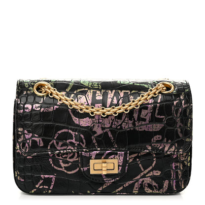 Chanel Calfskin Crocodile Embossed Graffiti 2.55 Mini Cocodile Reissue Flap Black Pink 1 of 10