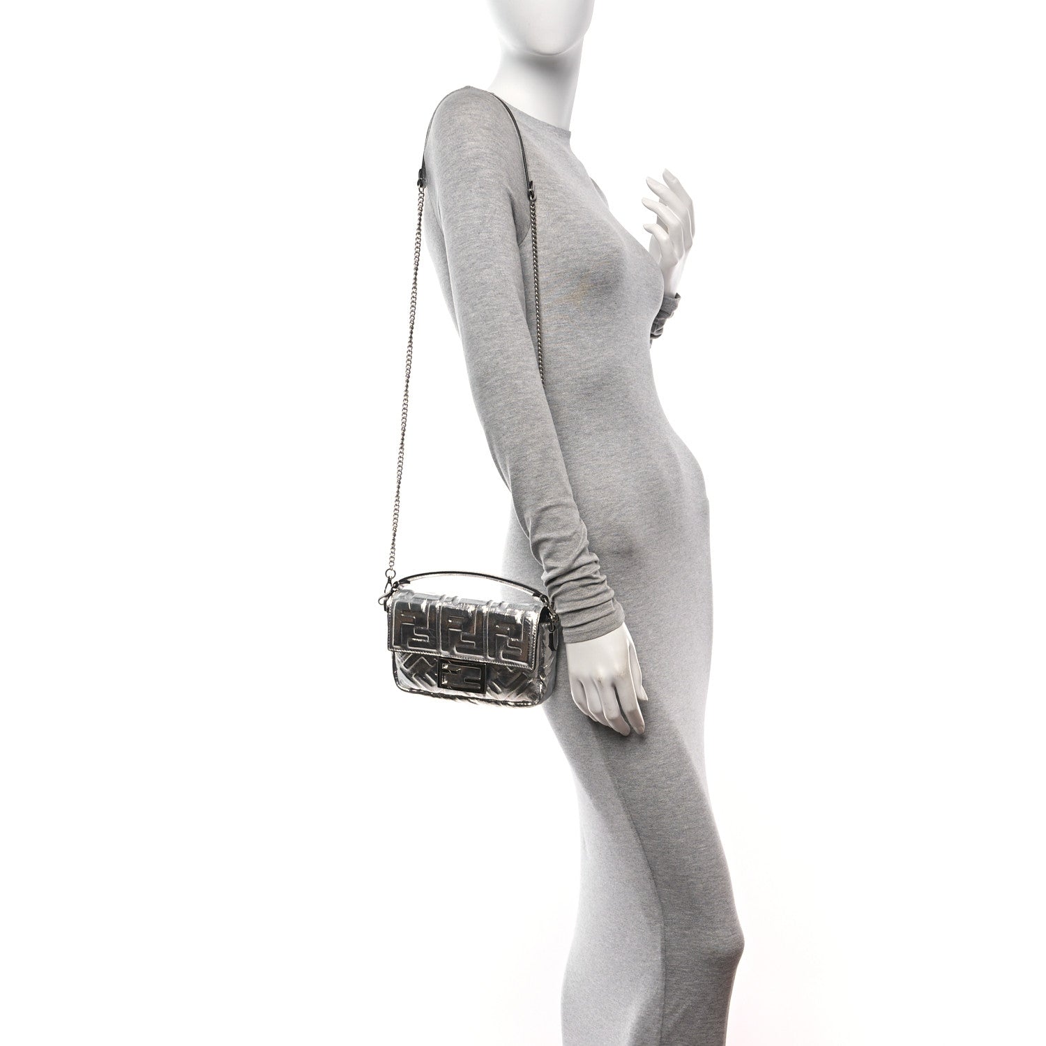 Fendi Vitello Catalan Mirror FF 1974 Embossed Mini Baguette Argento 3 of 9