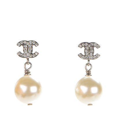 Chanel Crystal Pearl CC Drop Earrings Silver 1 of 5