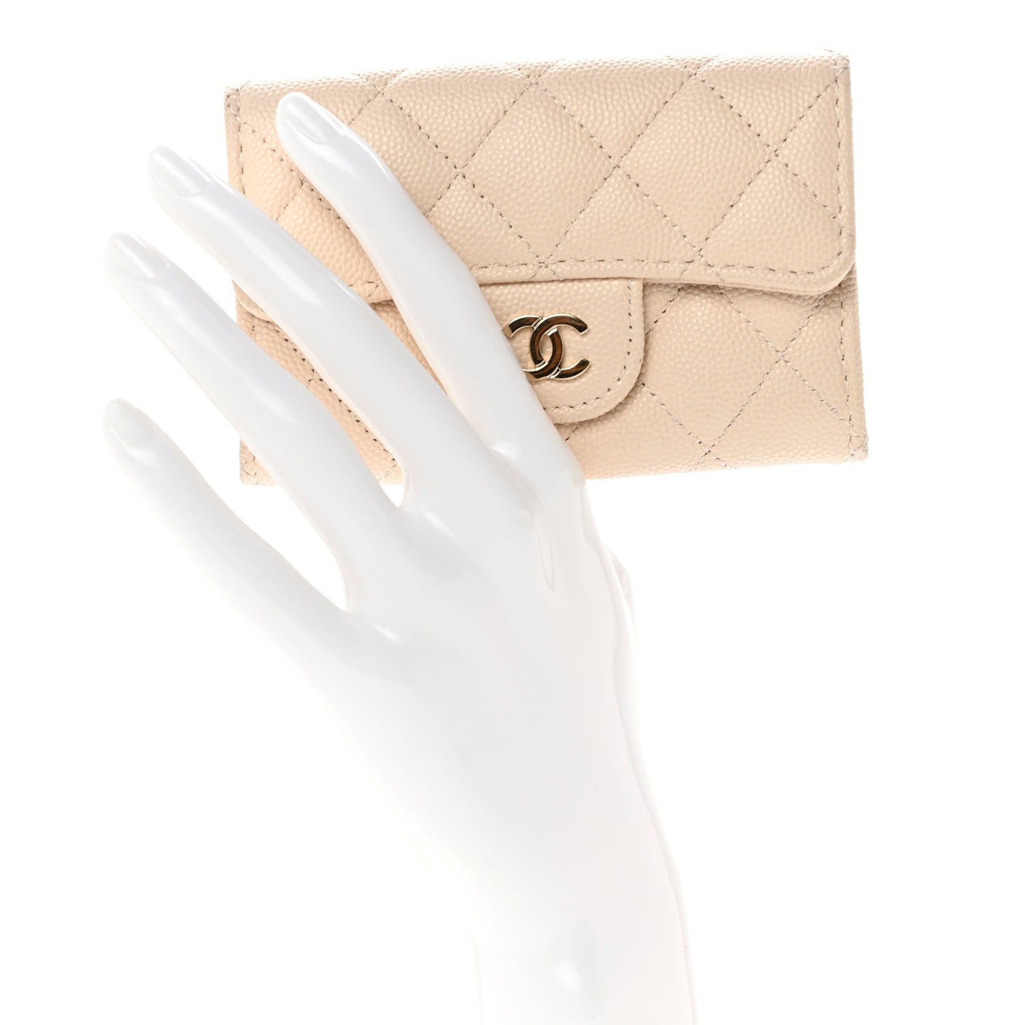 Caviar Quilted Flap Card Holder Wallet Light Beige