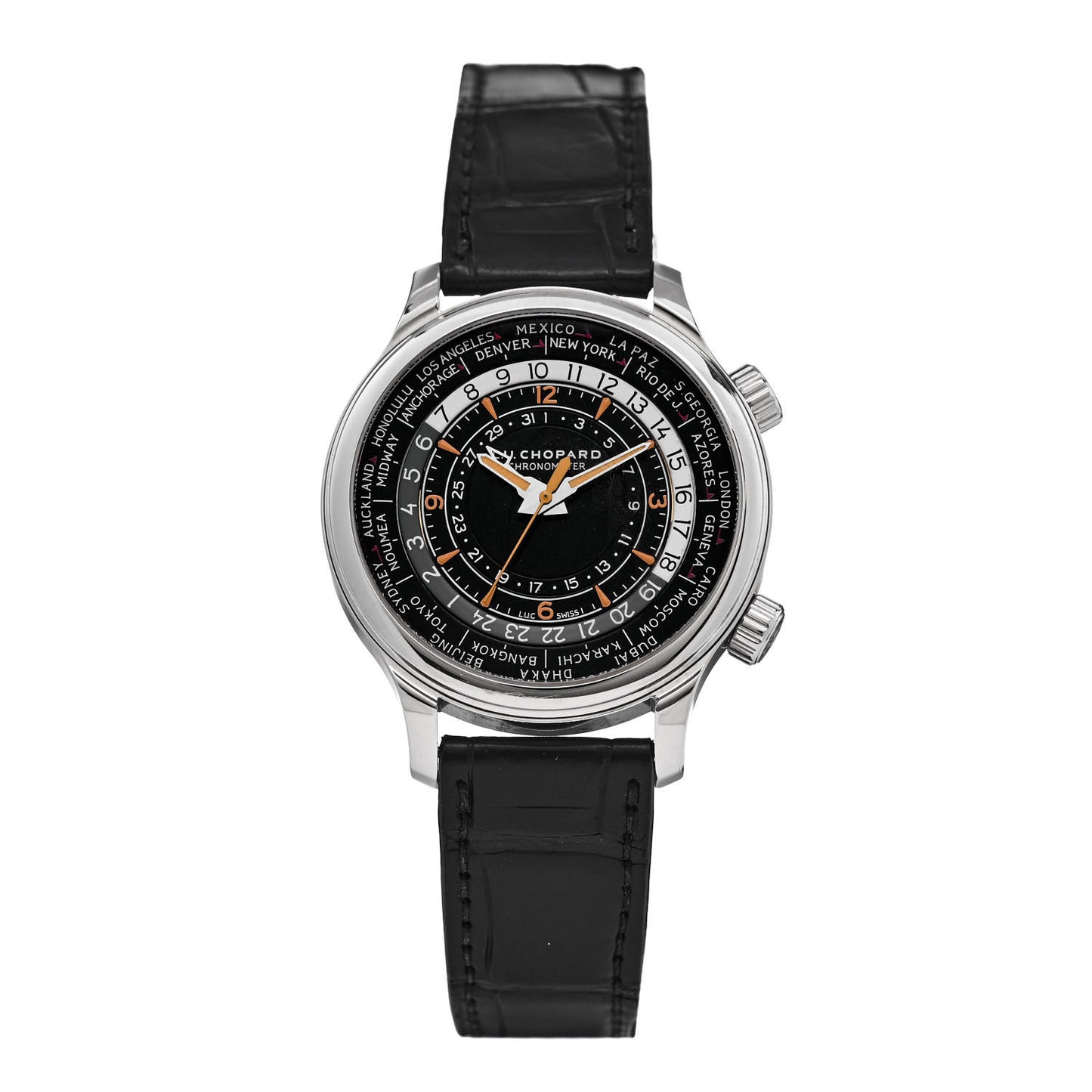 Stainless Steel Alligator 42mm L.U.C GMT One Automatic Watch Black