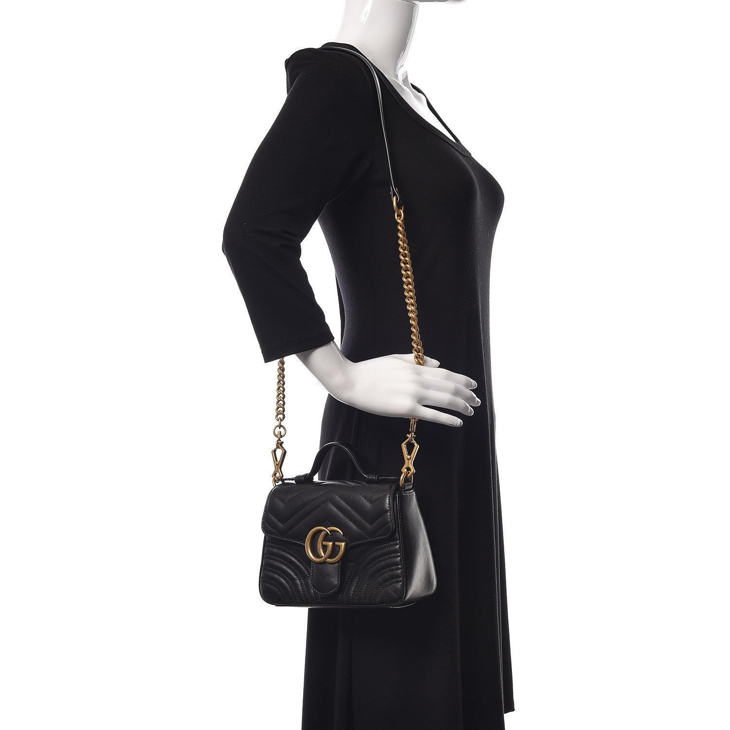 Gucci Calfskin Matelasse Mini GG Marmont Top Handle Shoulder Bag Black 2 of 10