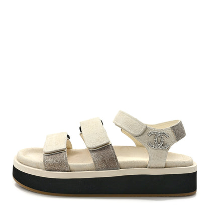 Chanel Suede Calfskin Velcro Flat Sandals 37 Ecru Dark Beige 1 of 8