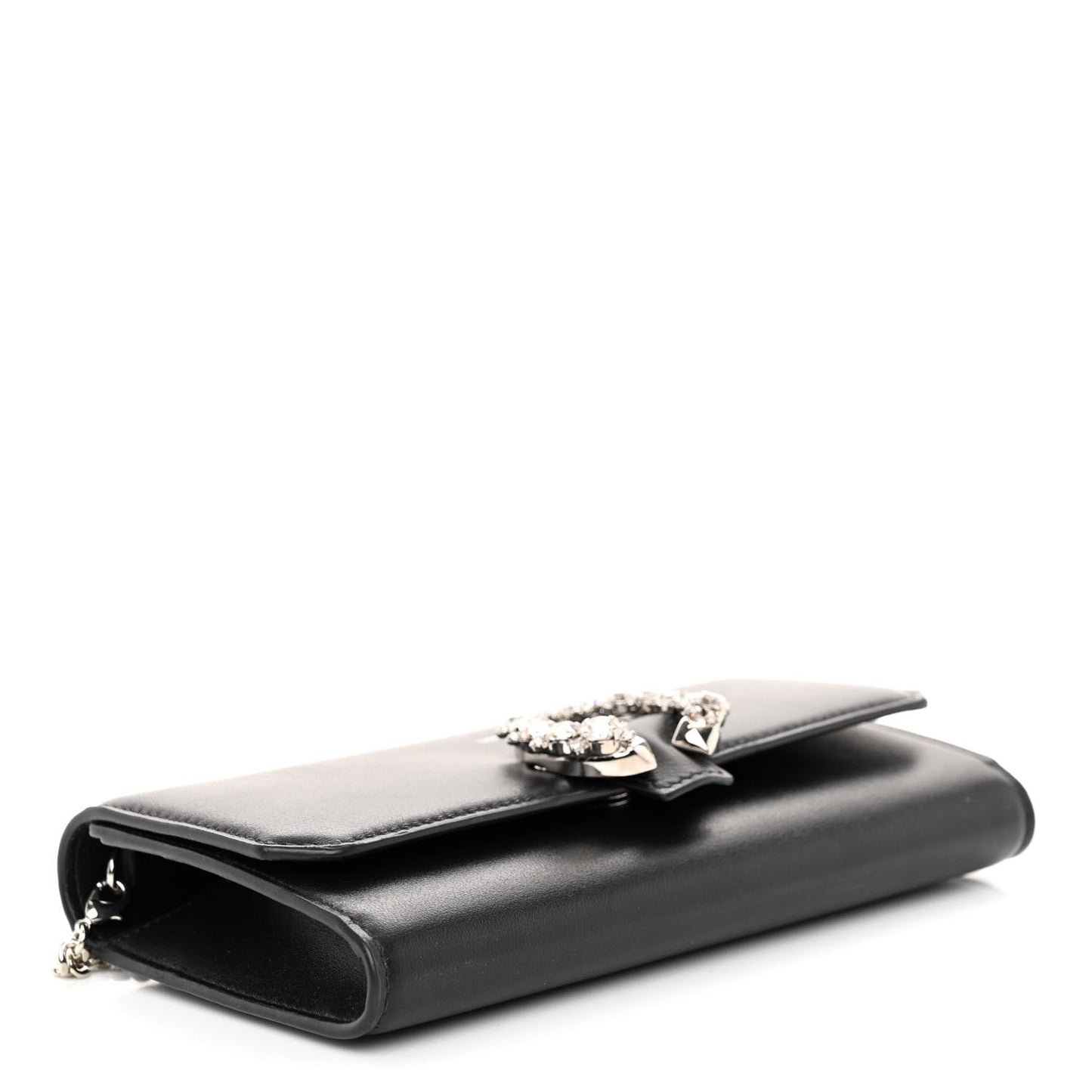 Smooth Calfskin Crystal Embellished Chain Wallet Black