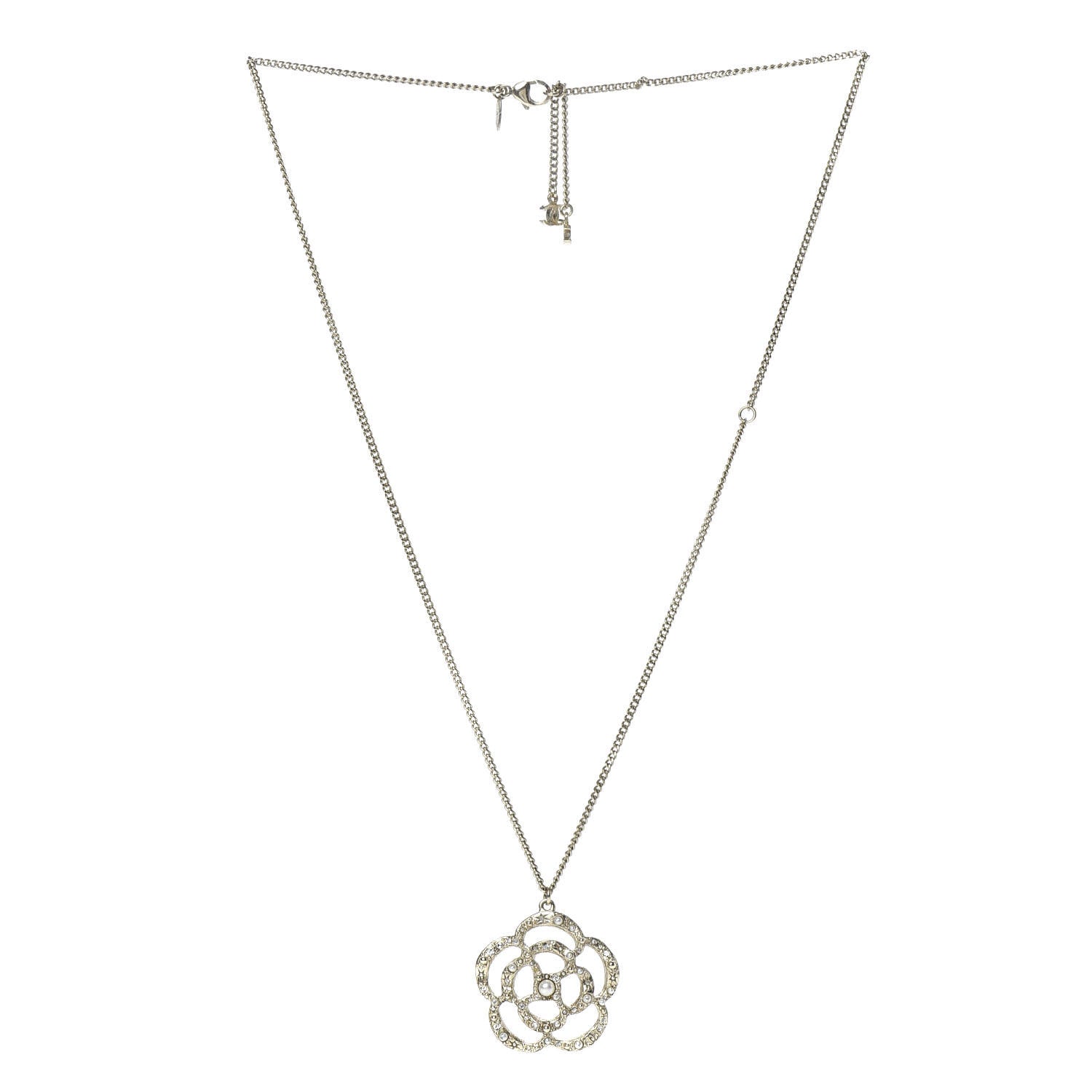 Chanel Pearl Crystal Large Camellia Pendant Necklace Light Gold 3 of 6