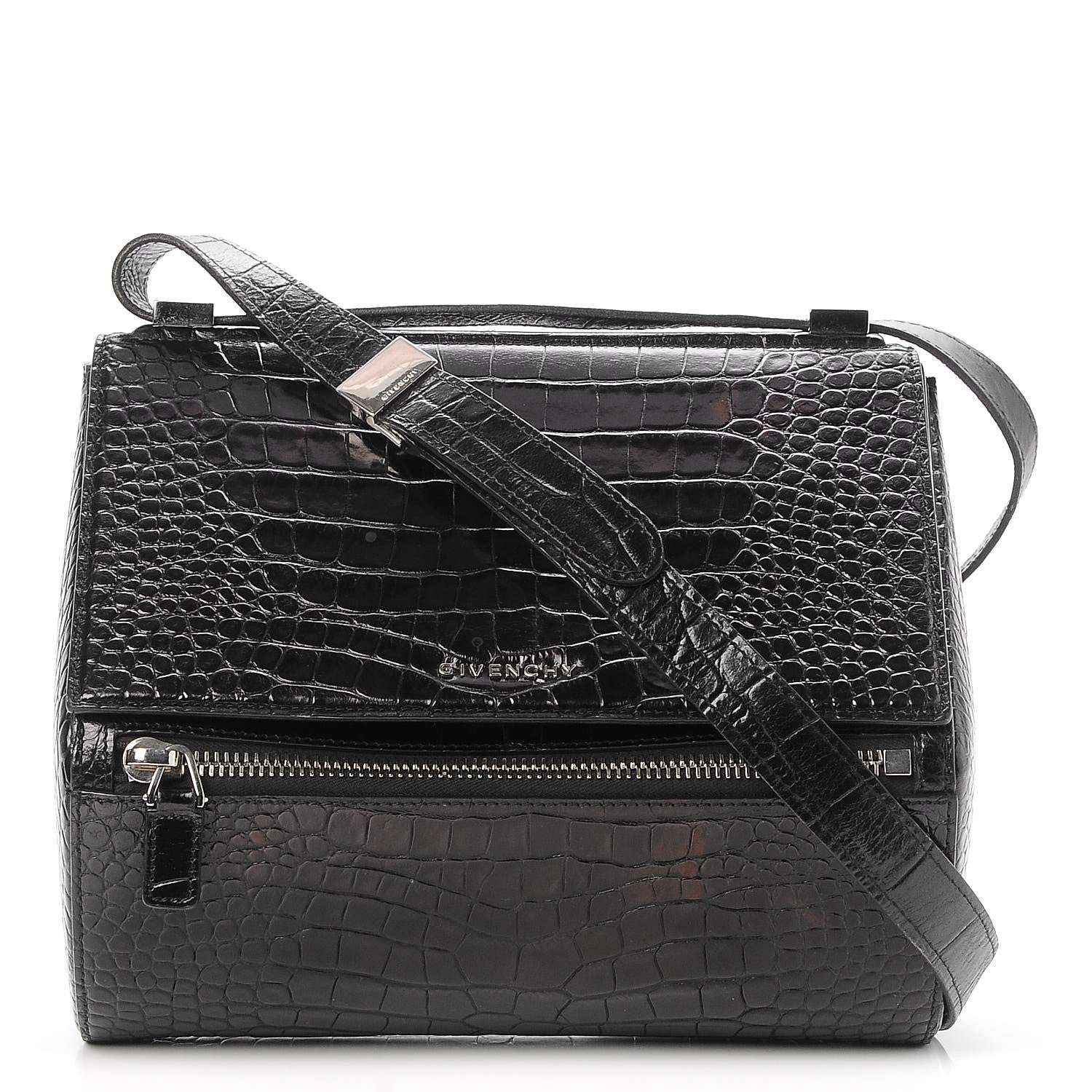 Givenchy Calfskin Crocodile Embossed Medium Pandora Box Crossbody Bag Black 1 of 10