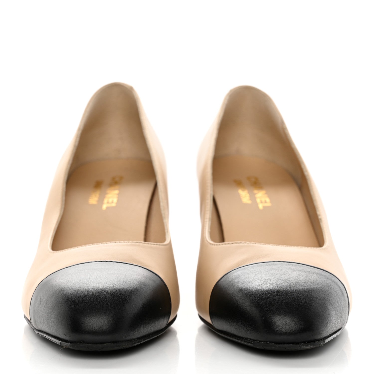Chanel Lambskin Cap Toe CC Pumps 39 Beige Black 2 of 9