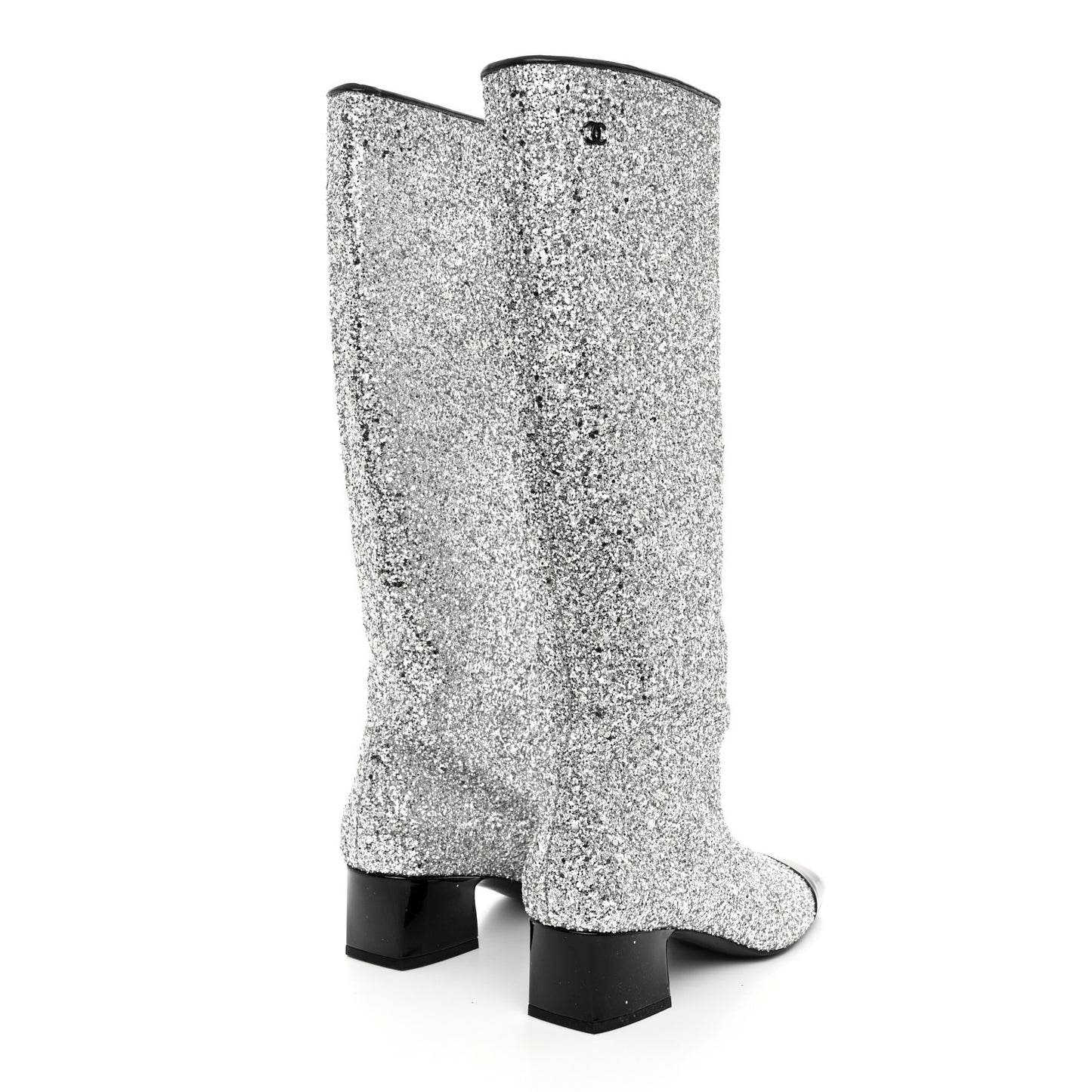 Glitter Patent Calfskin Cap Toe Fantasy High Boots 38 Silver Black