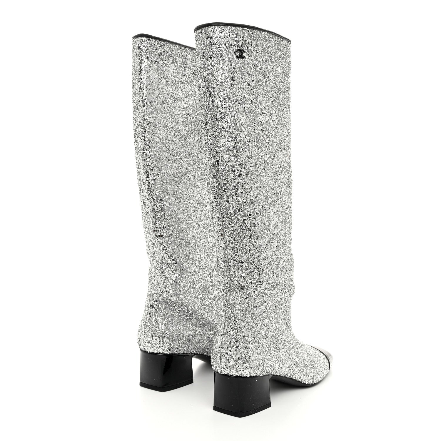 Chanel Glitter Patent Calfskin Cap Toe Fantasy High Boots 38 Silver Black 4 of 9