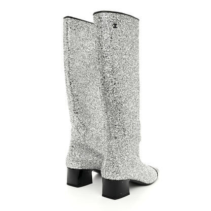 Chanel Glitter Patent Calfskin Cap Toe Fantasy High Boots 38 Silver Black 4 of 9