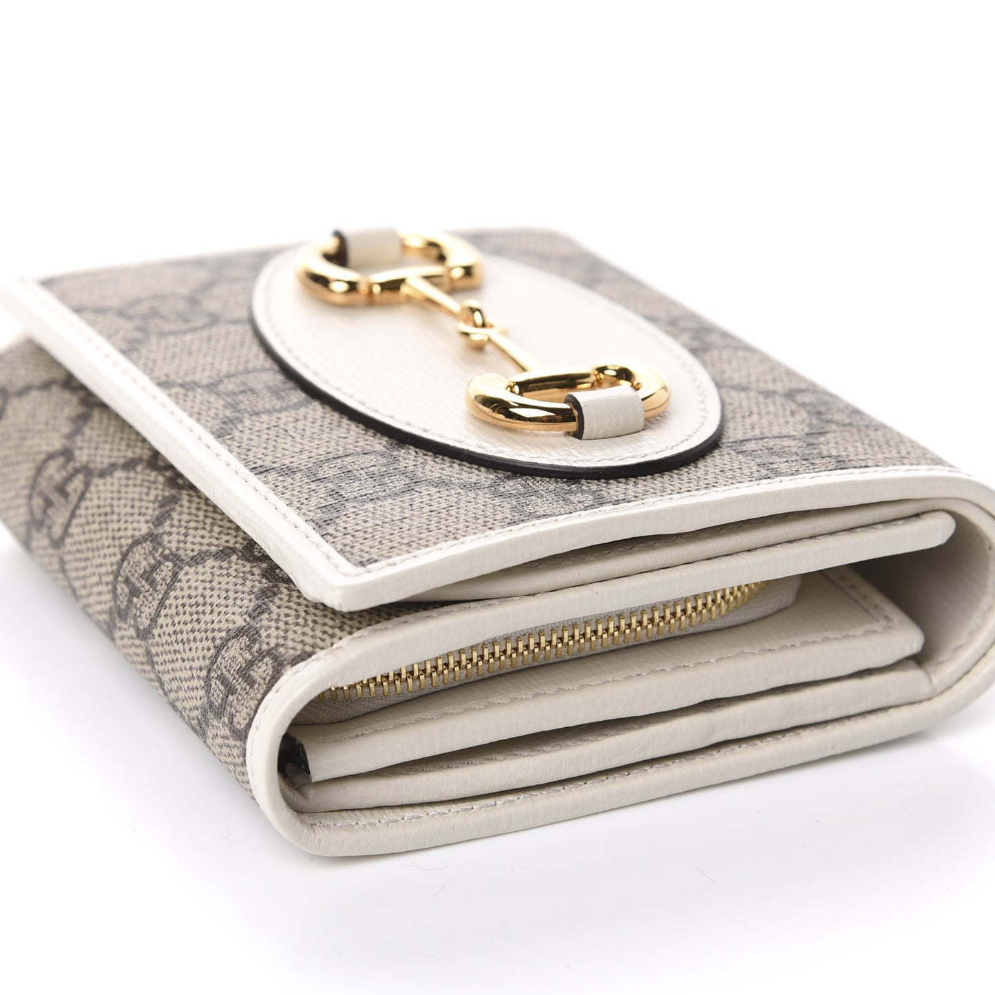 GG Supreme Monogram Azalea Calfskin Horsebit 1955 Flap Card Case Wallet Beige Ebony Mystic White