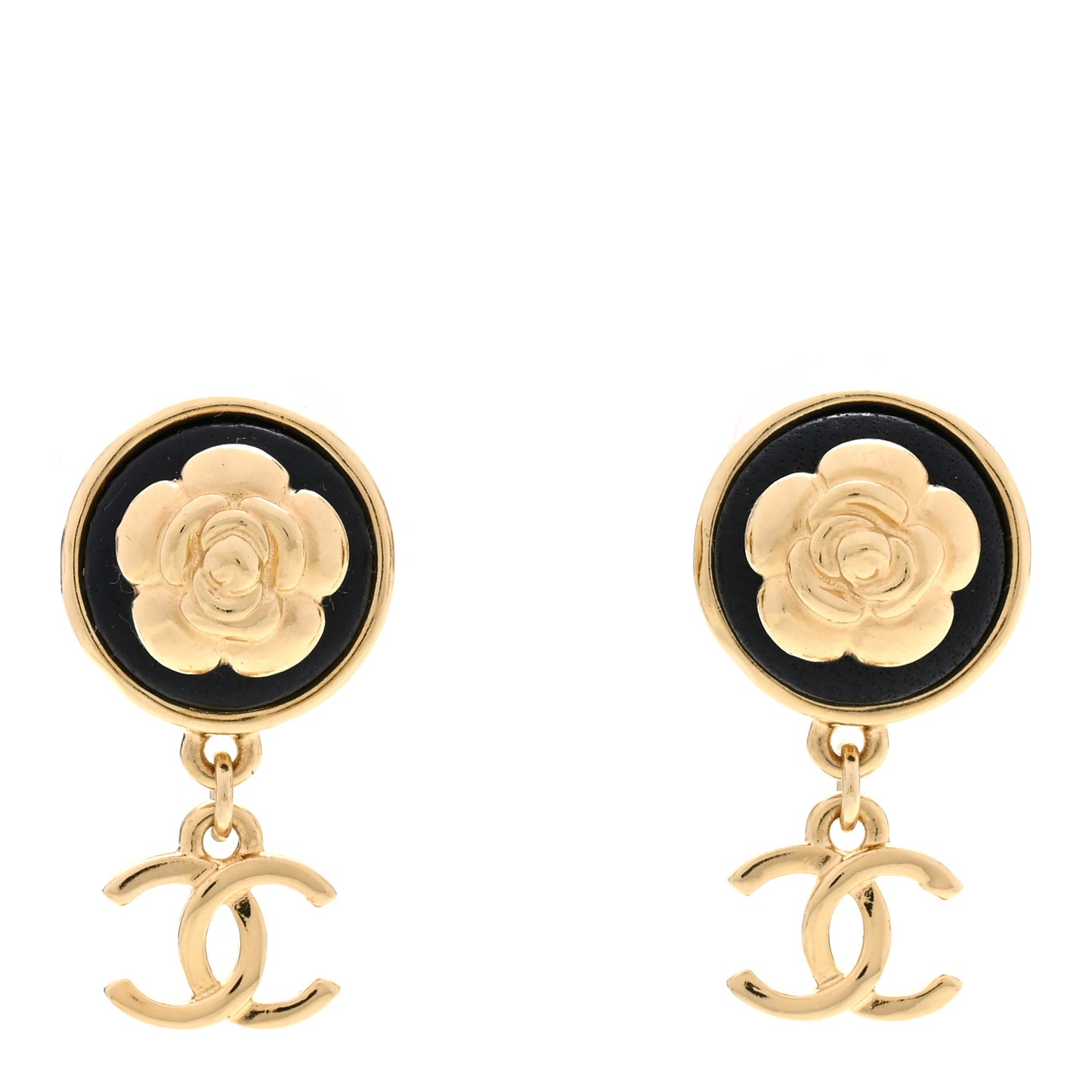 Metal Lambskin Camellia CC Drop Earrings Gold Black