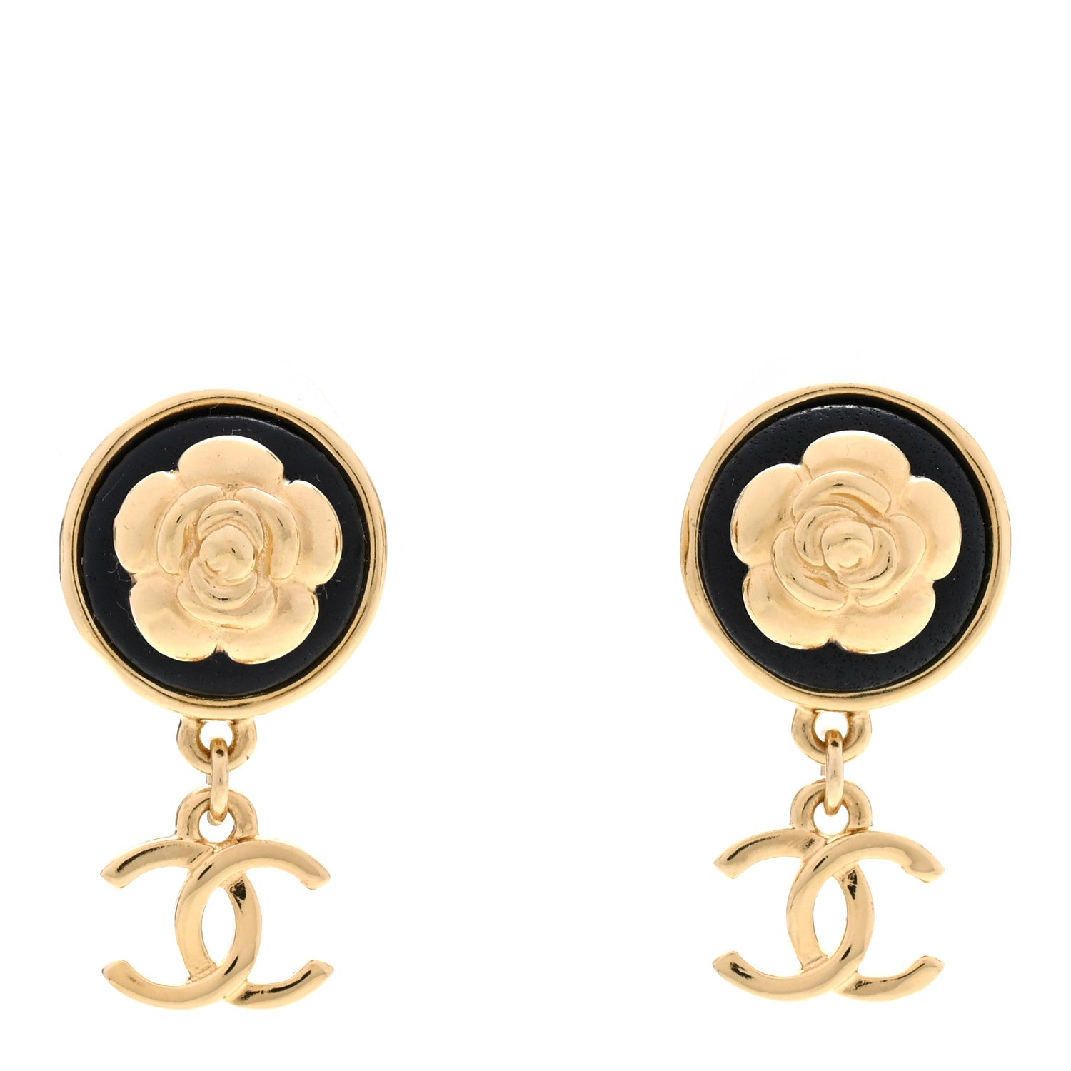 Chanel Metal Lambskin Camellia CC Drop Earrings Gold Black 1 of 4