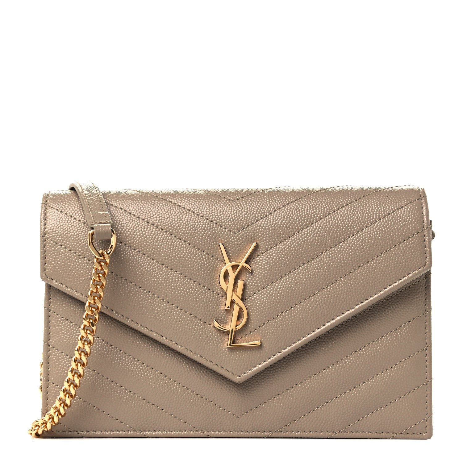 Saint Laurent Grain De Poudre Matelasse Chevron Monogram Envelope Chain Wallet Deep Beige 1 of 9