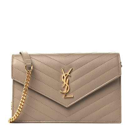 Saint Laurent Grain De Poudre Matelasse Chevron Monogram Envelope Chain Wallet Deep Beige 1 of 9