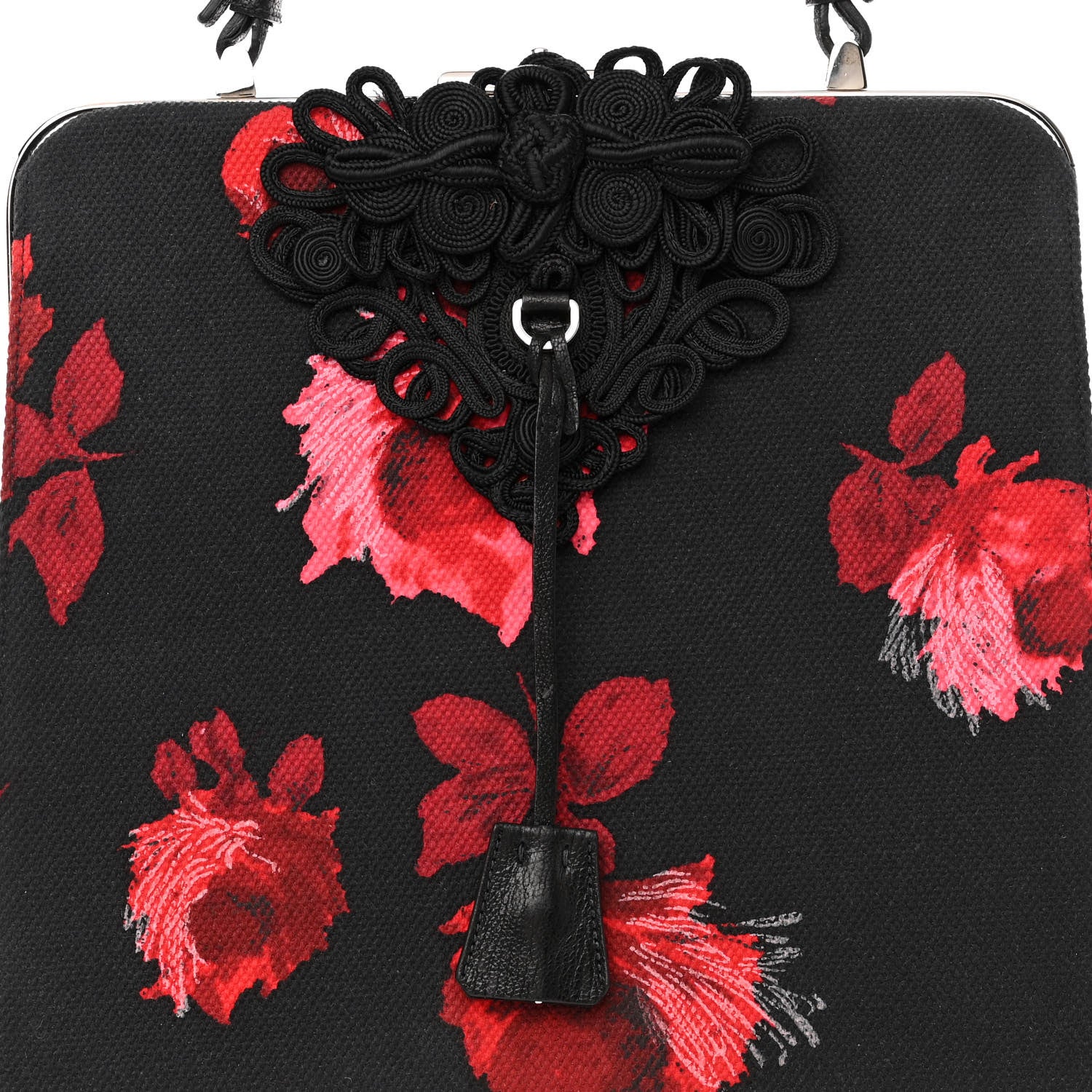 Prada Canapa Borsa Cerniera Hibiscus Top Handle Framed Bag Black
