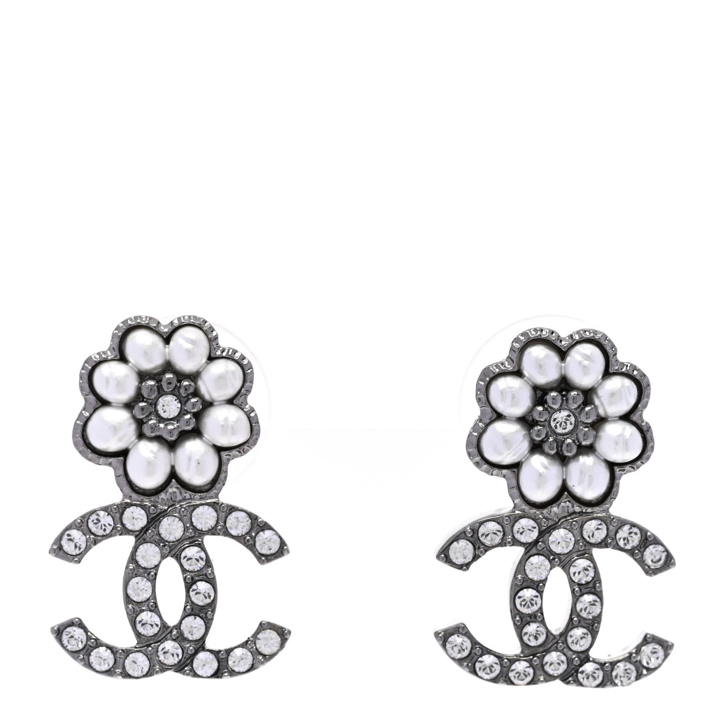 Pearl Crystal CC Flower Earrings Silver