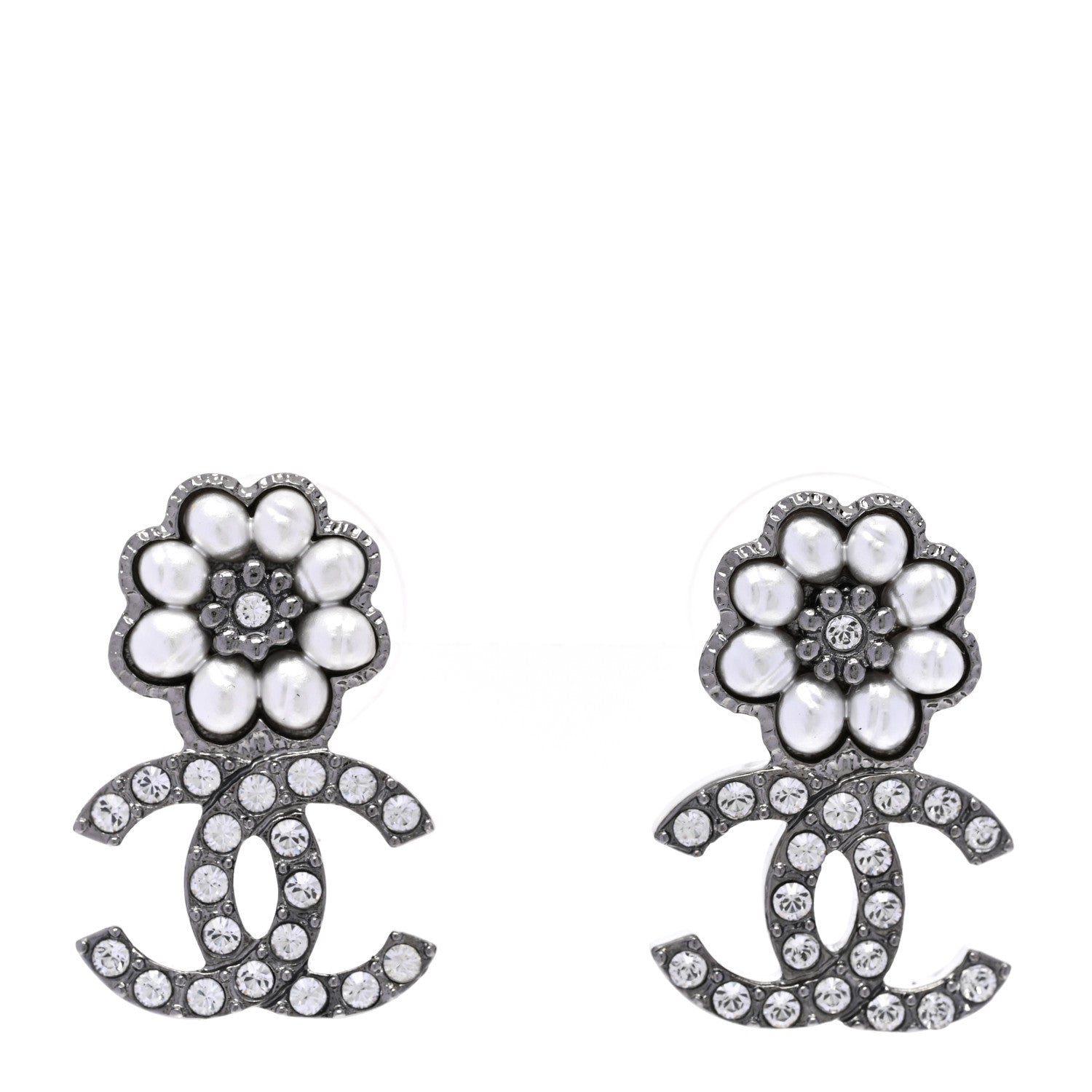 Chanel Pearl Crystal CC Flower Earrings Silver 1 of 5