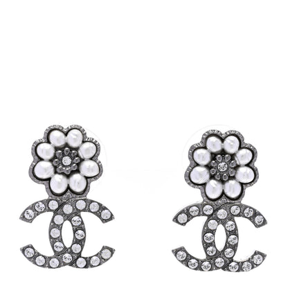 Chanel Pearl Crystal CC Flower Earrings Silver 1 of 5