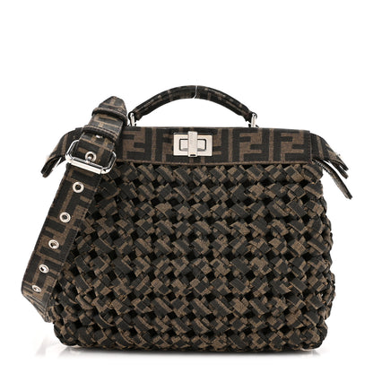 Fendi Fabric Jacquard FF 1974 Woven Knotted Mini Peekaboo I SEE U Satchel Tobacco Moro 1 of 13