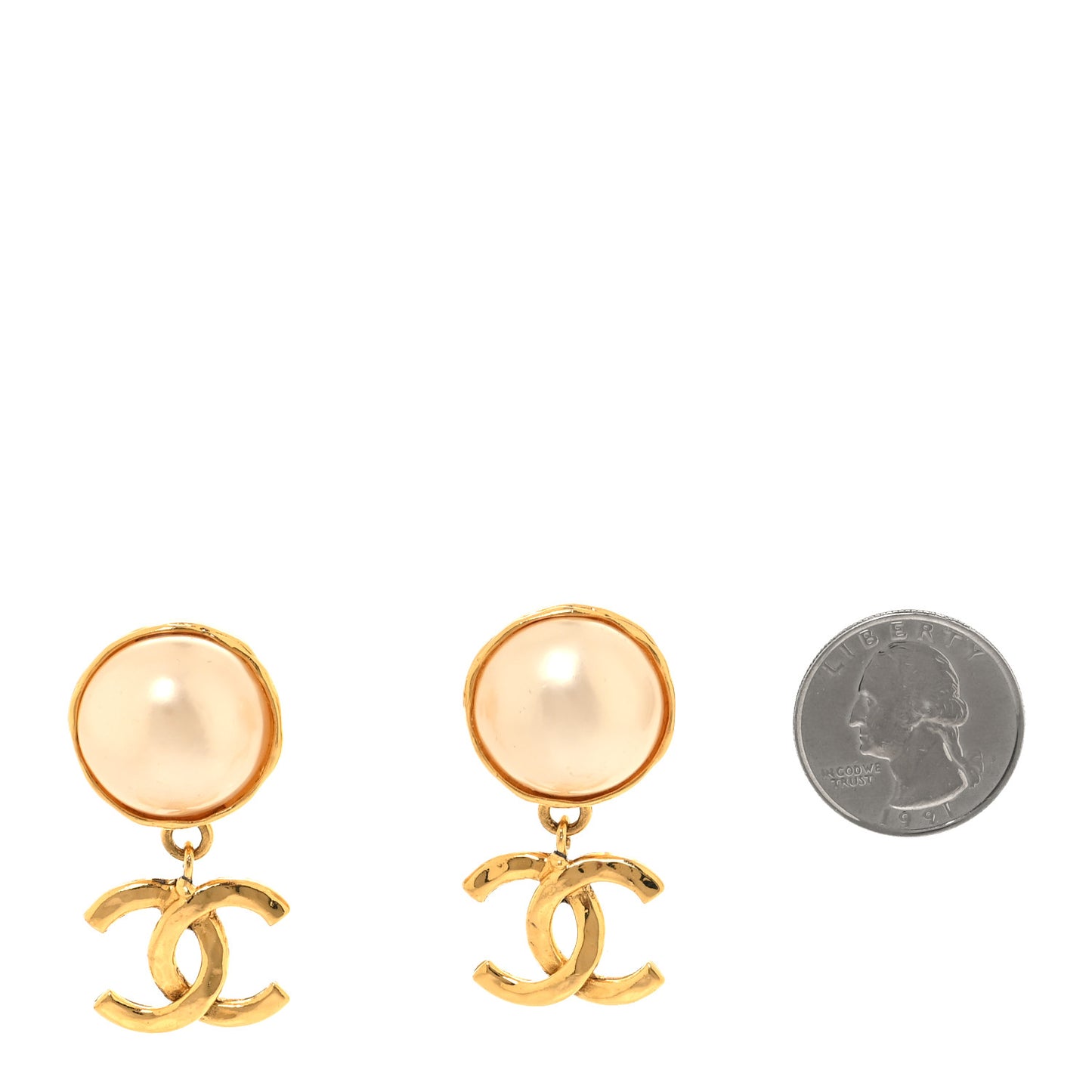 Pearl CC Dangle Clip On Earrings Gold