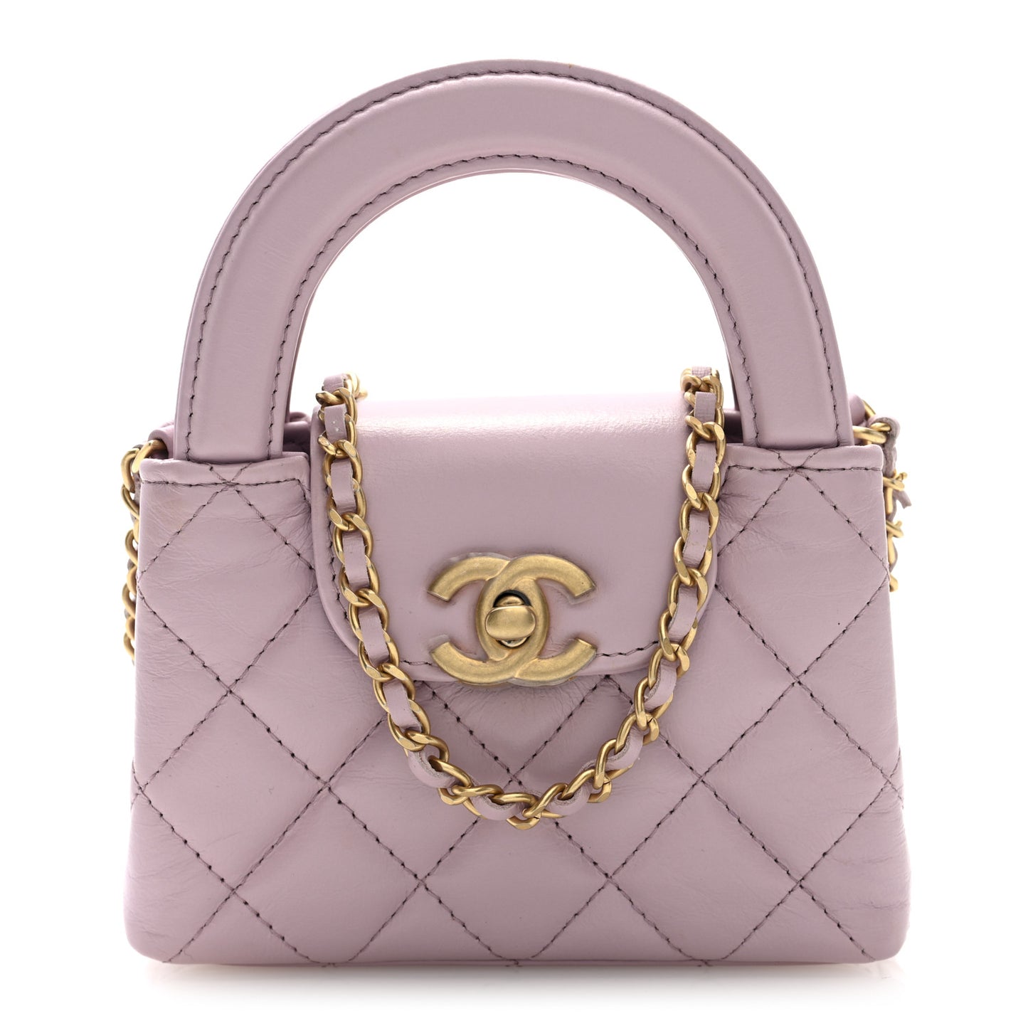 Shiny Aged Calfskin Quilted Mini Nano Kelly Shopper Light Pink