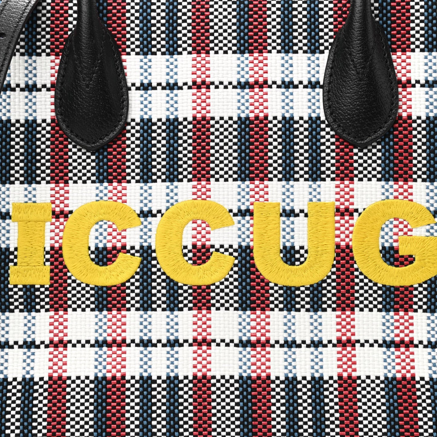 Canvas Plaid ICCUG Embroidered Small Tote Bag Black White Red Blue Smile Yellow
