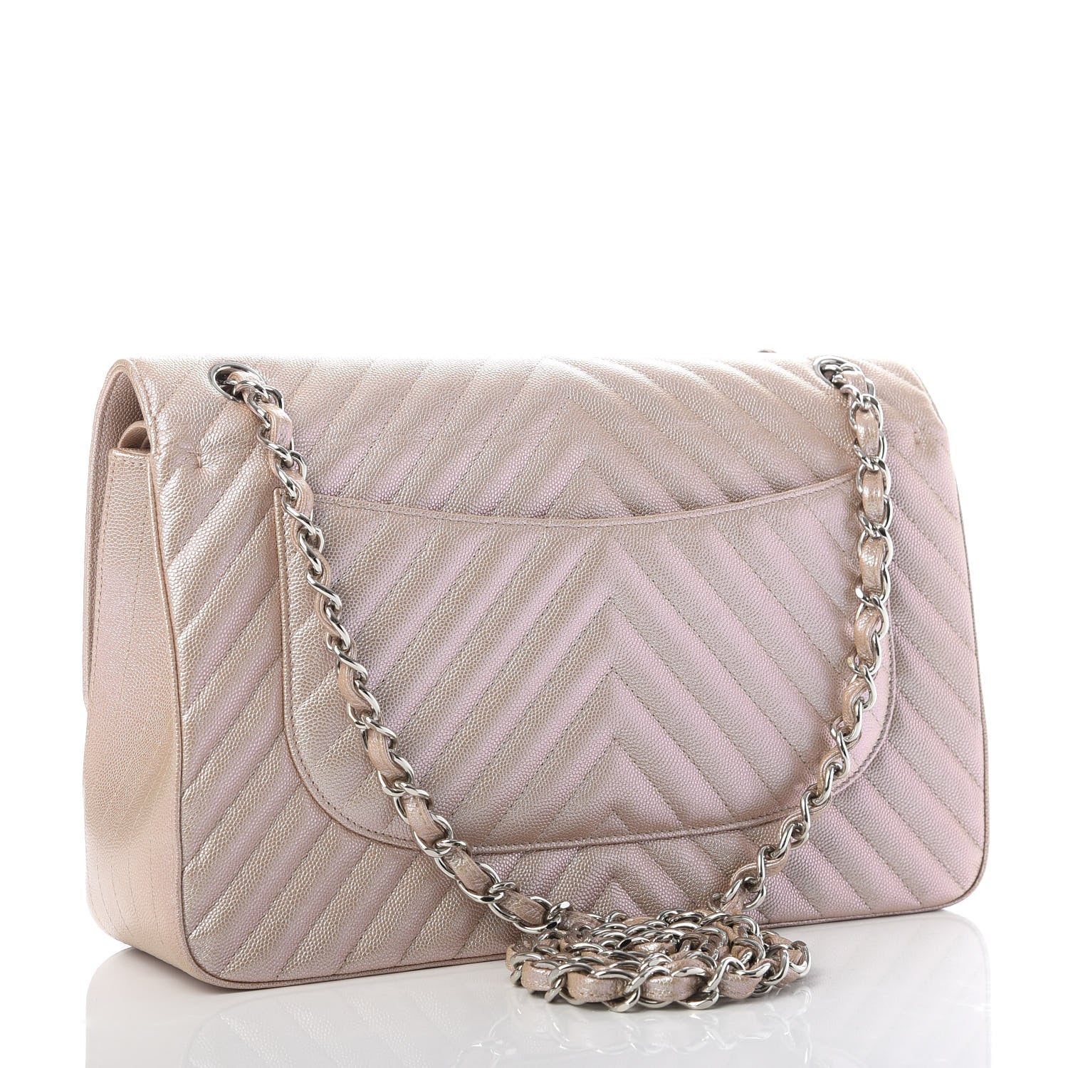 Chanel Metallic Caviar Chevron Quilted Jumbo Double Flap Light Gold 3 of 9