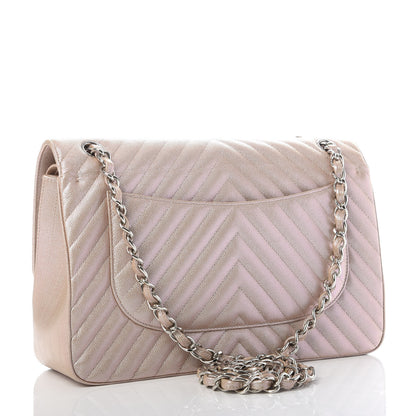 Chanel Metallic Caviar Chevron Quilted Jumbo Double Flap Light Gold 3 of 9