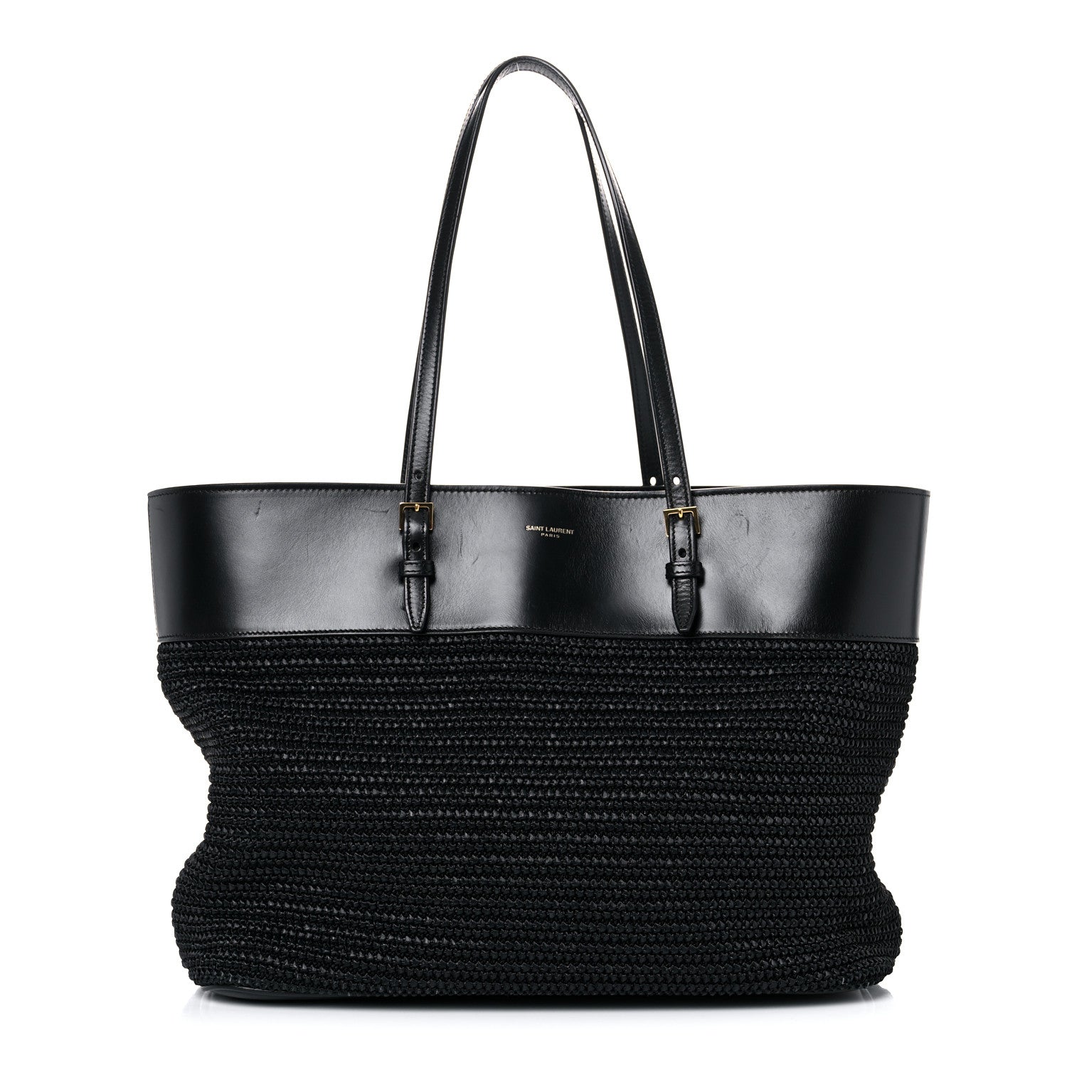 Saint Laurent Calfskin Raffia Medium Shopper Tote Black 1 of 15