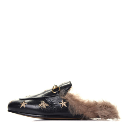 Gucci Goatskin Fur Bee Star Embroidered Womens Princetown Slippers 35.5 Black 1 of 8